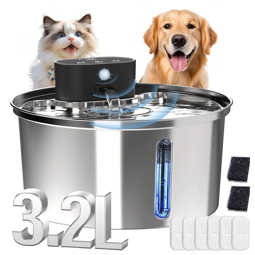 Cordless 3.2L stainless steel cat water fountain with motion sensor, water-level window and included carbon filters
