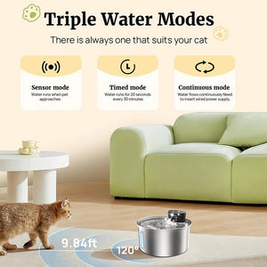 Manufacturer diagram: three water modes - sensor, timed, and continuous (continuous requires the mains lead)