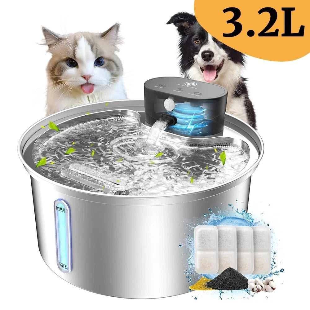 3.2L stainless steel cat water fountain filled with water, showing the MAX/MIN level window and the included carbon filter pads